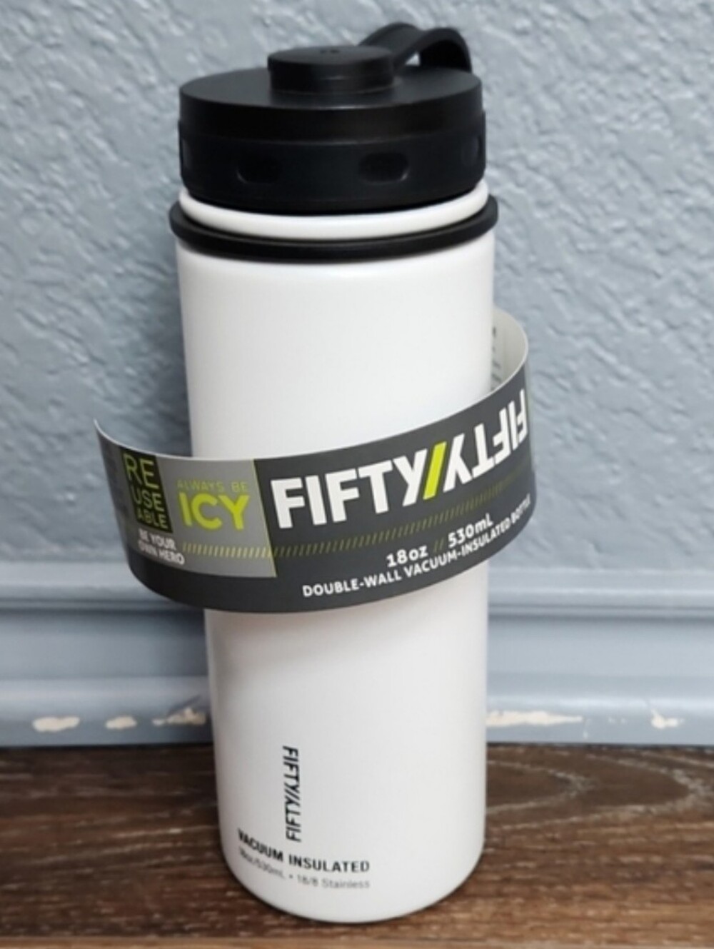 NEW Fifty Fifty 18 oz White Black Stainless Steel Water Bottle